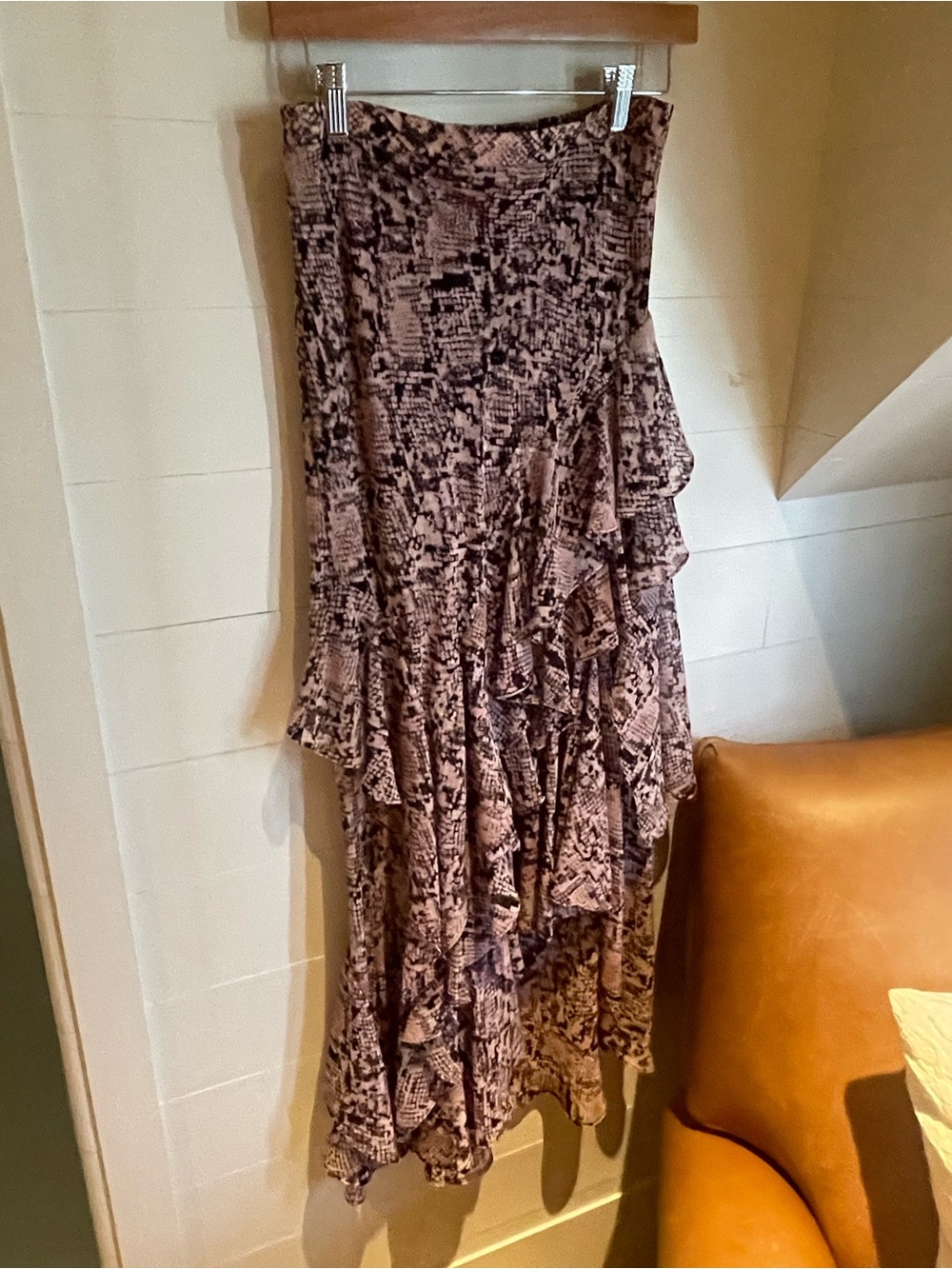 Misa Los Angeles Black and Blush Snake-Print Skirt